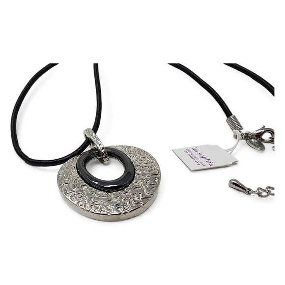 Lia Sophia Merge Necklace Black Leather Cord - Silver Black Enamel Circle 16-19" - Picture 2 of 5